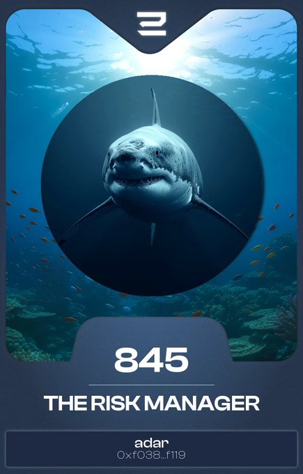 A digital trading card from 'adar' depicting a shark swimming underwater, labeled 'THE RISK MANAGER' with the number 845.
