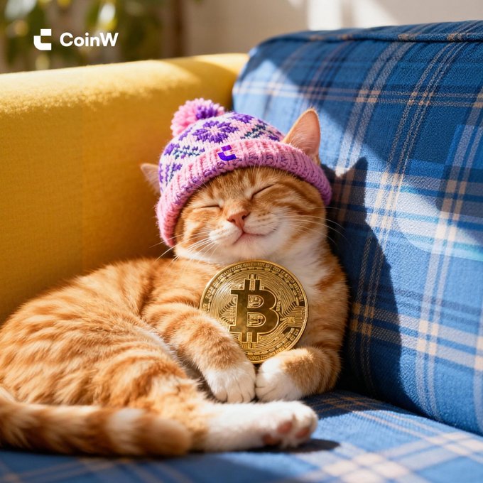 A promotional image for CoinW shows a sleeping orange cat wearing a purple knit hat and resting on a gold Bitcoin coin against a plaid cushion.
