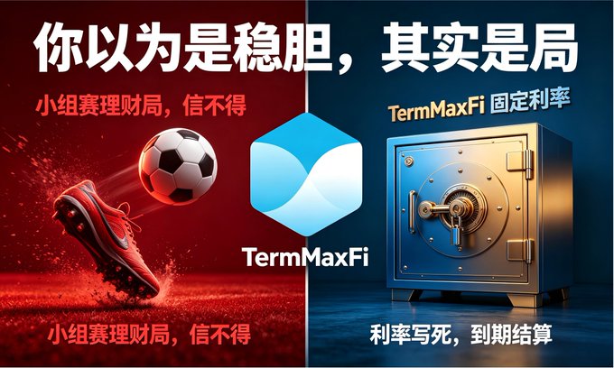 The image features a poster for TermMaxFi, which has two different images of soccer balls and a safe. The poster includes Chinese text that translates into English, discussing the differences between TermMaxFi and traditional banking methods. The poster also highlights the advantages of TermMaxFi over traditional banking practices in terms of convenience and user experience.
