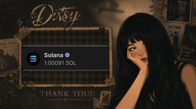 An artistic illustration shows a girl with long black hair resting her chin on her hand against a vintage, sepia-toned background featuring album covers and "THE CURE" text. At the top, "Dirty" is displayed in cursive script, while a Solana wallet receipt shows a balance of "1.00091 SOL," accompanied by a "THANK YOU!" message—visually confirming the post's gratitude for receiving a "1 SOL" dream gift.