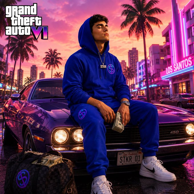 A stylized "Grand Theft Auto VI" themed image shows a man in a blue "STKR" hoodie and matching sweatpants sitting on a purple car, holding cash with a duffel bag of money beside him, set against a neon "Los Santos" cityscape at sunset. The image ties into the post's promotion of $STKR by branding the fictional "STKR 01" license plate alongside the game's iconic aesthetic, reinforcing the project's street-style appeal and the token burn announcement.