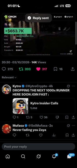 A screenshot of a social media post showing cryptocurrency portfolio gains of +$653.7K, with related posts from 'Kytro' and 'Mufasa' visible below.