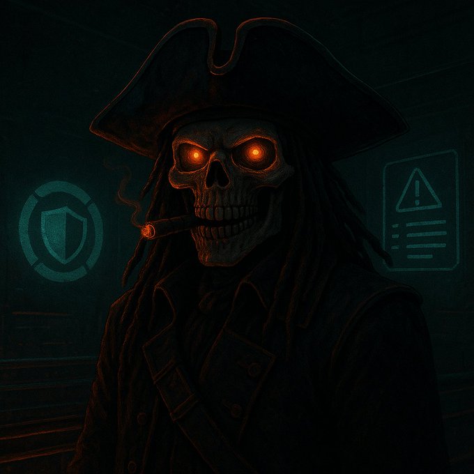 A dark illustration of a pirate skeleton with glowing red eyes wearing a tricorne hat and smoking a cigar, with a shield icon on the left and a warning panel on the right.