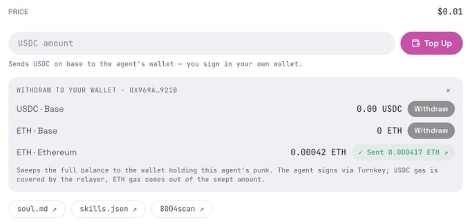 A digital interface displays a price of $0.01 with options to send USDC to a wallet (0x969A...9218), showing balances of 0.00 USDC, 0 ETH, and 0.00042 ETH with a 'Sent 0.000417 ETH' transaction status.