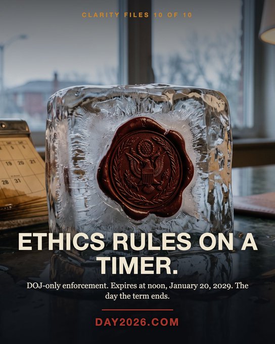 A poster titled 'CLARITY FILES 10 OF 10' showing a frozen block of ice containing a Great Seal-style emblem, with text reading 'ETHICS RULES ON A TIMER. DOJ-only enforcement. Expires at noon, January 20, 2029. The day the term ends.' and 'DAY2026.COM'.