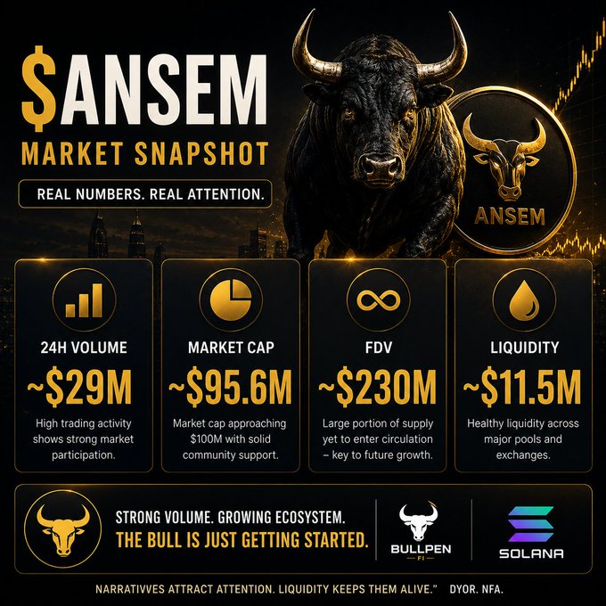 $ANSEM Market Snapshot infographic showing 24H volume of ~$29M, market cap ~$95.6M, FDV ~$230M, and liquidity ~$11.5M, branded with a bull mascot and Solana logo.