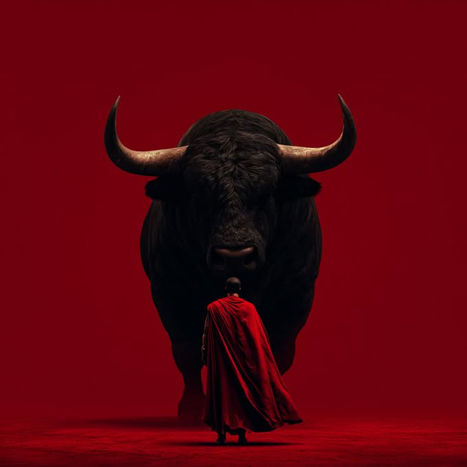 A dramatic cinematic image shows a person in a flowing red cape standing before a massive black bull against a deep red background.