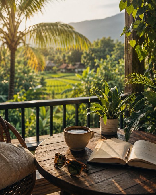A serene balcony scene with a wooden table holding a coffee cup, sunglasses, and an open book, overlooking lush green rice terraces and palm trees at sunset.