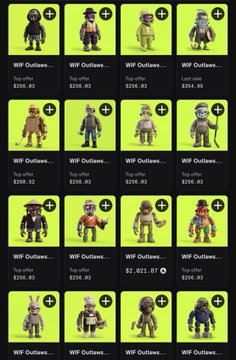 A green-themed digital storefront displays a grid of NFT listings, each labeled "WIF Outlaws" with prices in ETH ranging from $256.83 to $521.57, featuring cartoonish outlaw character variants. The image relates to the caption by showcasing "Robinwifhat" collectibles alongside "Top offer" and "Last sale" values, highlighting the character's outlaw-themed aesthetic reminiscent of T00ns' artistic style.