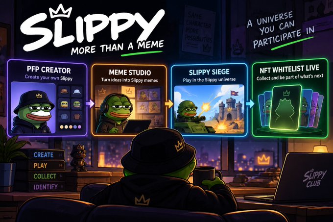 A promotional banner for 'SLIPPY' titled 'MORE THAN A MEME' showcasing four sections: PFP Creator, Meme Studio, Slippy Siege, and NFT Whitelist Live, with the tagline 'A UNIVERSE YOU CAN PARTICIPATE IN.'