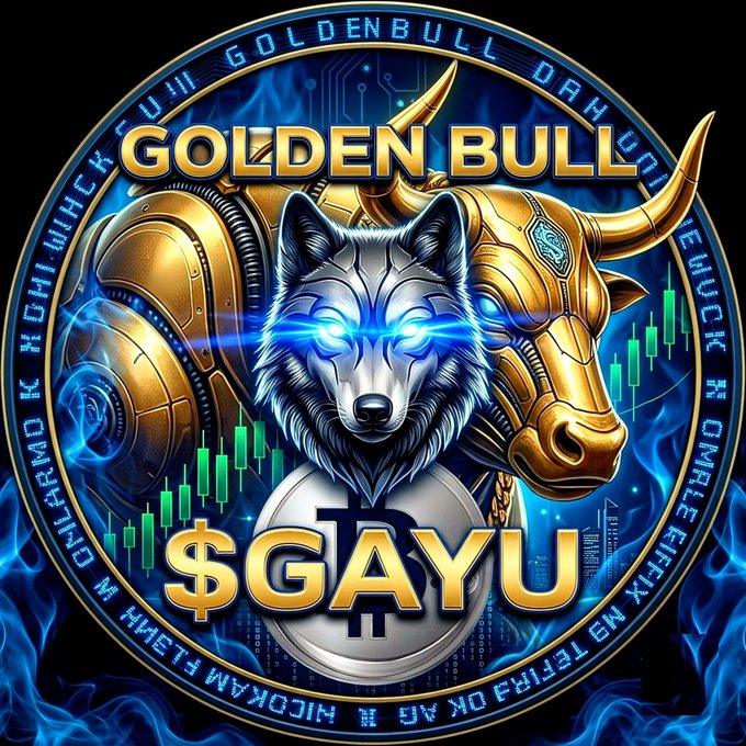 A circular emblem featuring a blue-eyed wolf and golden bull with glowing blue flames, displaying the text "GOLDEN BULL" and "$GAYU" alongside green candlestick charts, visually reinforcing the post's message of a unified, bullish crypto community driven by committed holders.