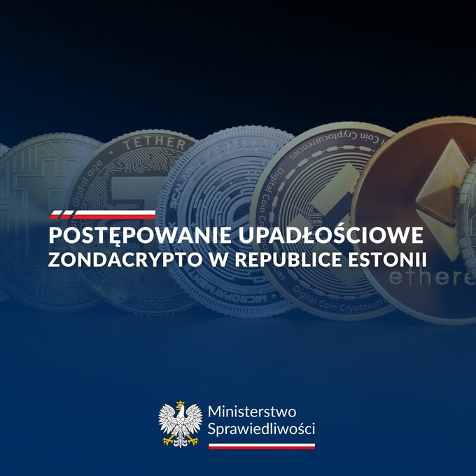 The image is an official Polish Ministry of Justice (Ministerstwo Sprawiedliwości) announcement featuring physical representations of various cryptocurrencies including Tether, Stellar, and Ethereum, with the headline "POSTĘPOWANIE UPADŁOŚCIOWE ZONDACRYPTO W REPUBLICE ESTONII" (Bankruptcy proceedings of ZondaCrypto in the Republic of Estonia). The graphic relates to the post by visually highlighting the official warning that users of the Zonda exchange, which operated as BB Trade Estonia OÜ, need to be aware of regarding the Estonian bankruptcy proceedings affecting their crypto holdings.