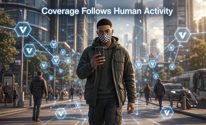 A masked man in a green jacket uses his phone on a busy urban street, surrounded by floating hexagonal "V" icons connected by a digital mesh, with the headline "Coverage Follows Human Activity" displayed above. The image visually reinforces the post's message about VanGrid's decentralized network—where users (requesters and contributors) actively drive geographic data coverage through their mobile interactions, mirroring how the "V" nodes follow the central figure through the real-world environment.