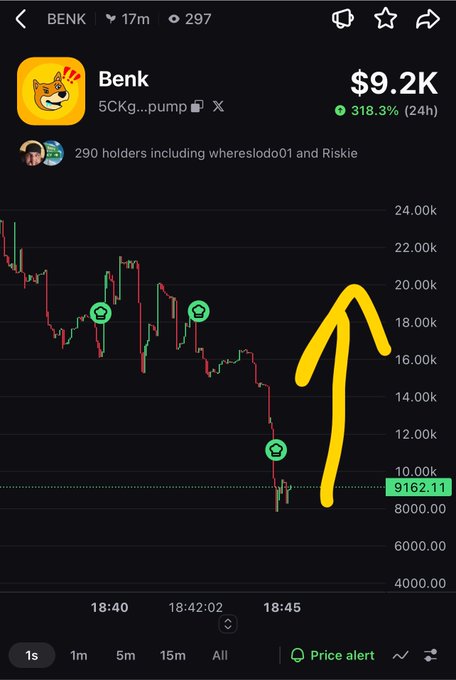 A screenshot of the BENK (5CKg...pump) token chart shows a 318.3% 24-hour gain to a $9.2K market cap despite the price dropping to $9,162.11, highlighting the volatile, speculative nature that aligns with the post's "Nice scam coin" sentiment.