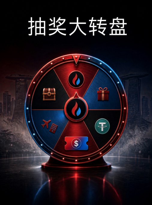 A digital rendering of a prize wheel with the Chinese text '抽奖大转盘' (Lucky Draw Wheel) at the top, featuring segments with icons including a treasure chest, gift box, airplane, ticket, dollar bill, and a central flame logo, set against a dark cityscape background.