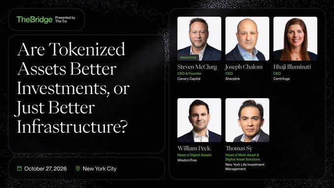 An event graphic from 'The Bridge' titled 'Are Tokenized Assets Better Investments, or Just Better Infrastructure?' scheduled for October 27, 2026 in New York City, featuring photos of speakers Steven McClurg, Joseph Chalom, Bhaji Illuminati, William Peck, and Thomas Sy.