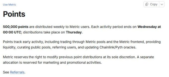 Screenshot of Metric’s “Points” page, which states that 500,000 points are distributed weekly, activity periods end Wednesday at 00:00 UTC, and distributions occur Thursday. It explains that points reward early activity such as trading through Metric pools, providing liquidity, curating public pools, referrals, and updating Chainlink/Pyth oracles; the accompanying post encourages joining Metric after missing Jumper and Relay.