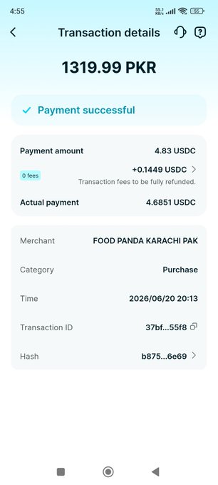 A mobile transaction details screen showing a successful payment of 1319.99 PKR (4.6851 USDC) to FOOD PANDA KARACHI PAK on 2026/06/20 20:13.