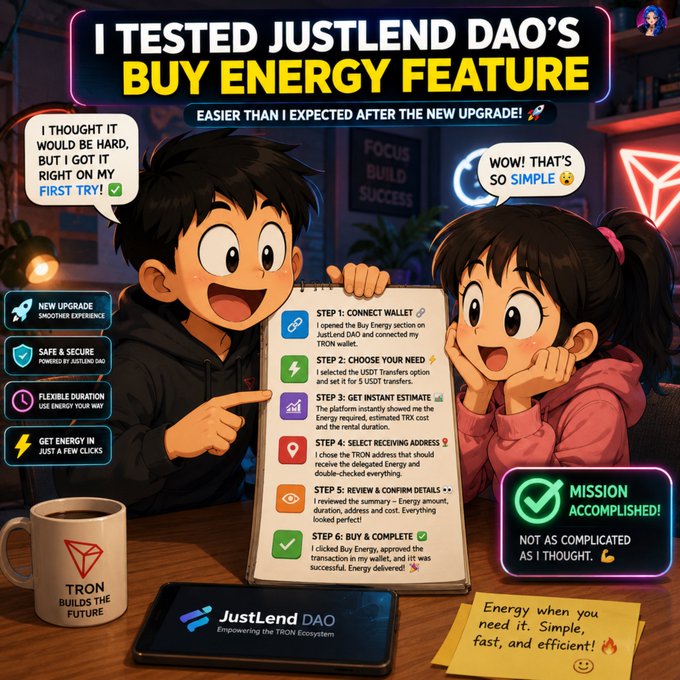 An illustrated promotional graphic for JustLend DAO titled "I TESTED JUSTLEND DAO'S BUY ENERGY FEATURE" with subtitle "EASIER THAN I EXPECTED AFTER THE NEW UPGRADE!" shows two cartoon characters presenting a 6-step guide to buying Energy on the TRON network, with speech bubbles praising its simplicity.