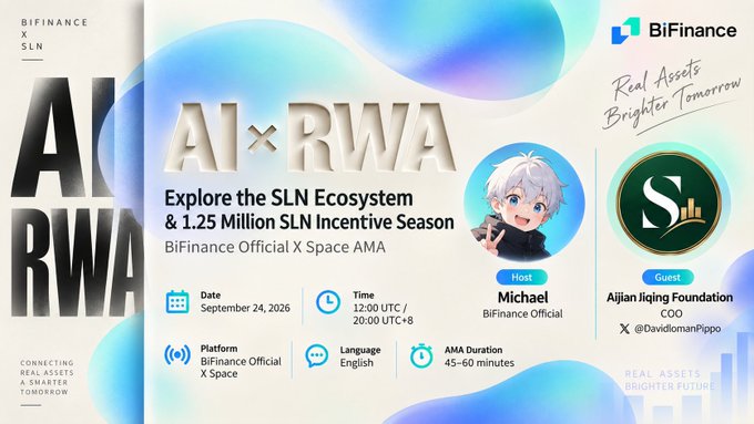A BiFinance promotional banner advertises an "AI × RWA" AMA event on September 24, 2026, at 12:00 UTC/20:00 UTC+8, featuring host Michael from BiFinance Official and guest "Aijian Jiqing Foundation COO @DavidmanPippo," with a 1.25 Million SLN Incentive Season mentioned.