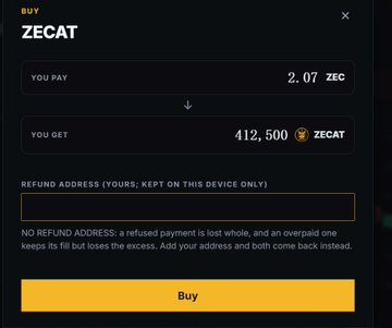A screenshot of Binance's "Buy ZECAT" interface showing a purchase of 412,500 ZECAT for 2.07 ZEC, illustrating the process of acquiring the token referenced in the post promoting ZECAT's rapid 30k user milestone.
