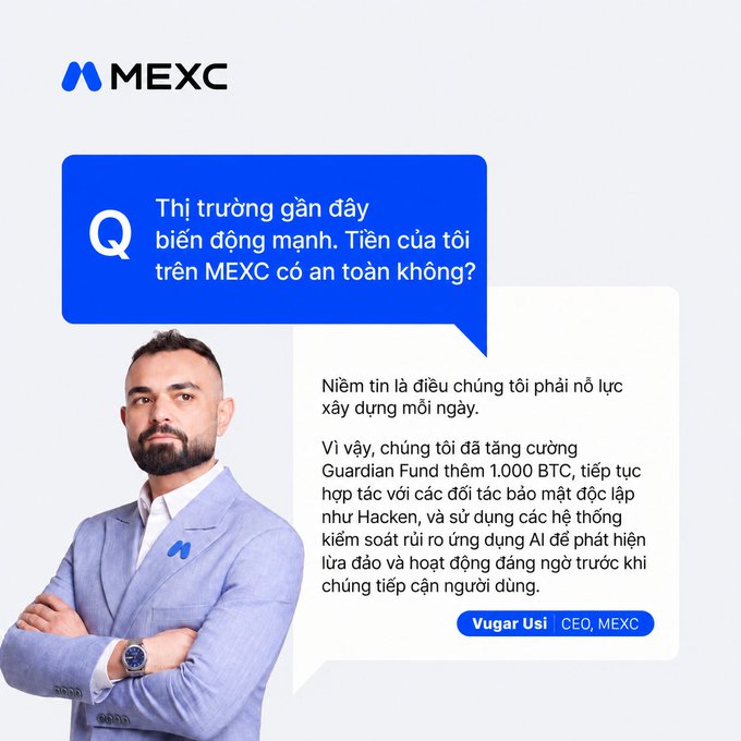 A promotional graphic for the MEXC cryptocurrency exchange featuring CEO Vugar Usi Zade in a blue suit, with Vietnamese text addressing market volatility and platform security.