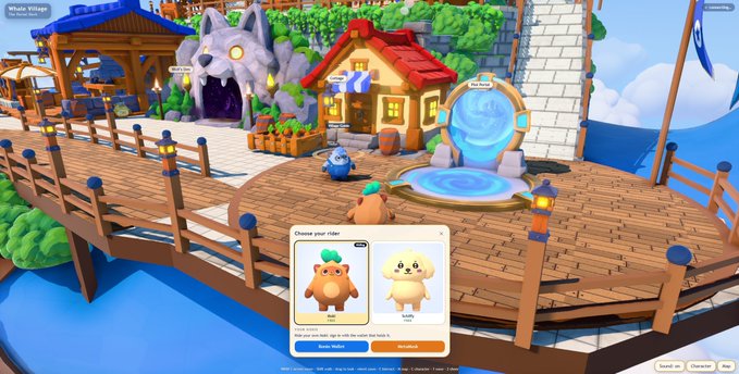 A video game screenshot showing a 'Whale Village' area with a character selection menu offering 'Green Onion' and 'Pork Rice Ball' options.