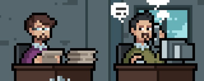A pixel art image depicting two bearded men sitting at desks with laptops, one with a blank speech bubble and another with a pixelated or censored speech bubble.