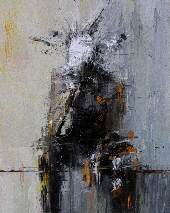 An abstract painting featuring a dark, central figure with explosive, radiating black and white strokes against a muted gray background, accented with splashes of orange.