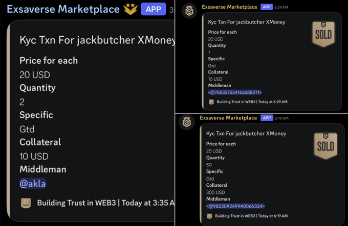 Screenshots from an Exsaverse Marketplace app showing KYC transactions for 'jackbutcher XMoneys' listed as SOLD, with prices of 20 USD, varying quantities, and middleman '@akla'.