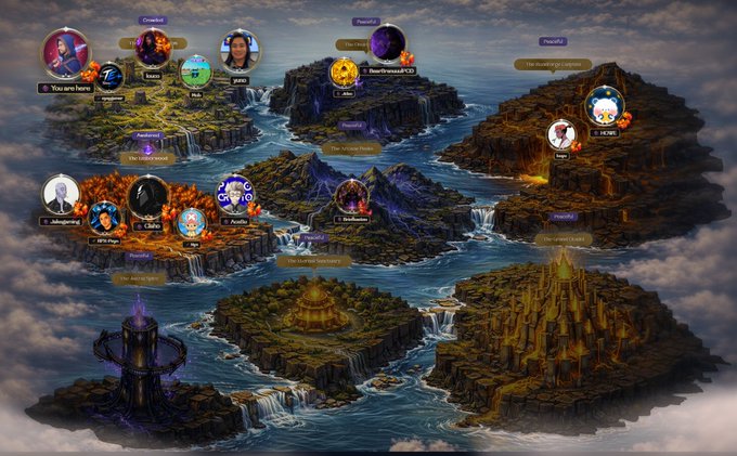 An isometric fantasy-themed world map with various islands and landmarks, populated with Discord-style user avatars and usernames scattered throughout the regions.