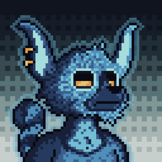 A pixel art illustration of a blue, dragon-like creature with pointed ears and orange eyes set against a dark, grid-patterned background.