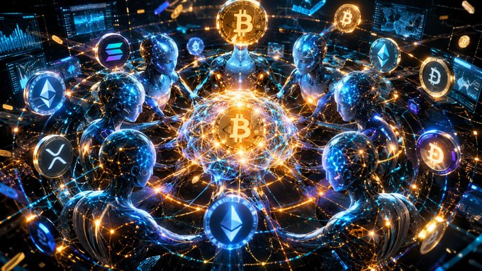 A futuristic digital artwork showing humanoid figures surrounded by glowing cryptocurrency logos including Bitcoin (B), Ethereum, Solana, Dogecoin, and XRP.