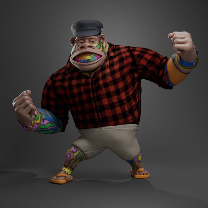 A 3D-rendered cartoon character with colorful tattoos, wearing a red and black checkered shirt, white shorts, a black cap, and orange flip-flops, posed with raised fists in a fighting stance.
