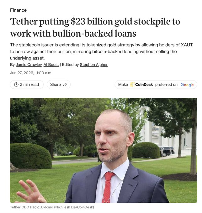 A CoinDesk article dated June 27, 2026 reports that Tether is expanding its $23 billion gold stockpile by enabling XAUT holders to borrow against their tokenized gold, mirroring bitcoin-backed lending. The image shows Tether CEO Paolo Ardoino speaking outdoors, identified in the caption as being photographed by Nikhilesh De/CoinDesk.