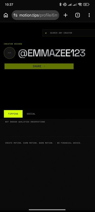 A mobile screenshot of the motion.tips website showing a creator profile for '@EMMAZEE123' with tabs for 'TIPPING' and 'SOCIAL'.