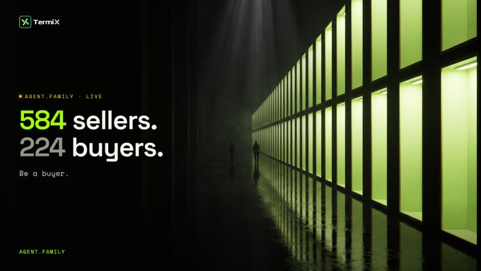 Dark advertisement for 'TermiX' displaying stats '584 sellers. 224 buyers.' and tagline 'Be a buyer.' for 'AGENT.FAMILY • LIVE', set against a green-lit corridor.