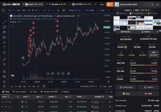 A cryptocurrency trading interface on dex screener showing the www/SOL price chart for PumpSwap, with the current price at $6.89M, market cap data, and trading activity from various top traders.