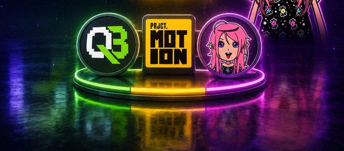 A vibrant 3D rendering showcasing a neon-lit platform displaying the 'Q3 PROJECT MOTION' logo alongside a circular avatar of a pink-haired anime character.