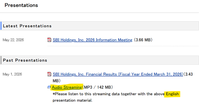 A webpage listing presentations for SBI Holdings, Inc., including a May 22, 2026 "2026 Information Meeting" (3.66 MB) and a May 1, 2026 "Financial Results (Fiscal Year Ended March 31, 2026)" presentation with audio streaming.