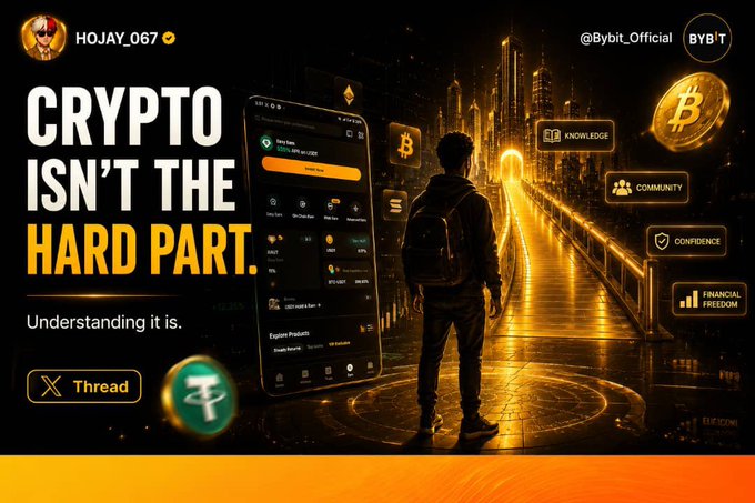 A promotional graphic from @Bybit_Official featuring the quote 'CRYPTO ISN'T THE HARD PART. Understanding it is.' alongside mobile app interface and Bitcoin imagery.