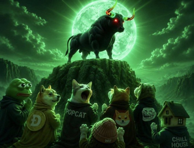 A dramatic digital illustration depicts a black bull with glowing red eyes and green horns standing atop a cliff beneath a full green moon, while a crowd of dog and frog meme characters (including ones labeled 'POPCAT', 'D', 'WIF', and 'CHILL HOUSE') bow or watch from below.