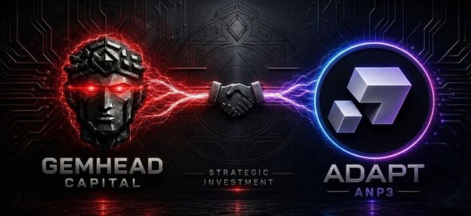 The image is a promotional graphic announcing a strategic investment partnership between Gemhead Capital and Adapt (ANP3), featuring a glowing handshake between a red robotic AI head on the left and the purple Adapt logo on the right, with "Gemhead Capital," "Strategic Investment," and "Adapt ANP3" prominently displayed. It visually represents the collaboration mentioned in the post about supporting Adapt's Agent Network Protocol (ANP3) for autonomous crypto trading systems.
