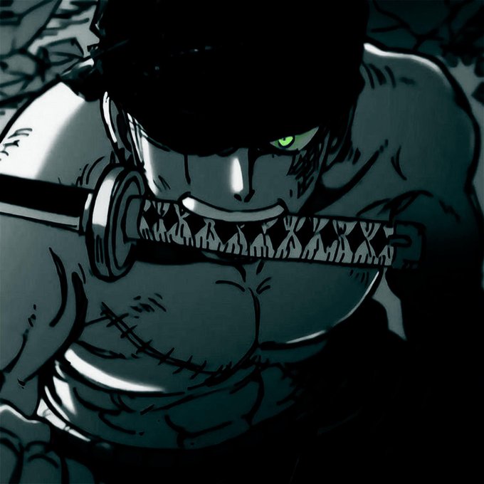 A muscular anime warrior with a green eye grits his teeth on a katana blade, his scarred and stitched body tense with effort in a shadowy, monochromatic scene—an intense morning greeting post.
