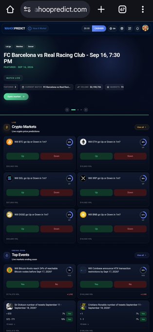 A mobile screenshot of the Hoopopredict.com website showing a prediction market for an FC Barcelona vs Real Racing Club match on September 16 at 7:30 PM, featuring crypto market questions like 'Will BTC go Up or Down in 1m?' and various top event predictions.