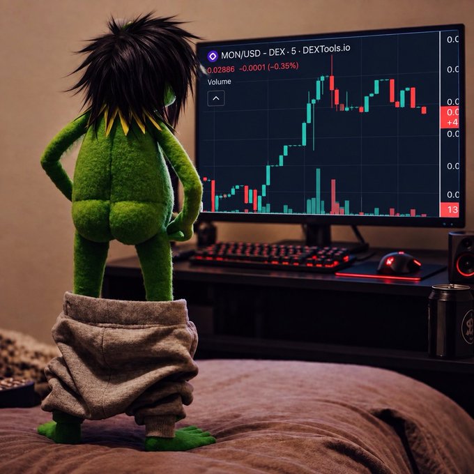 A green fuzzy character with messy dark hair stands with pants down, looking at a computer monitor displaying a MON/USD trading chart from DEXTools.io showing a candlestick graph.