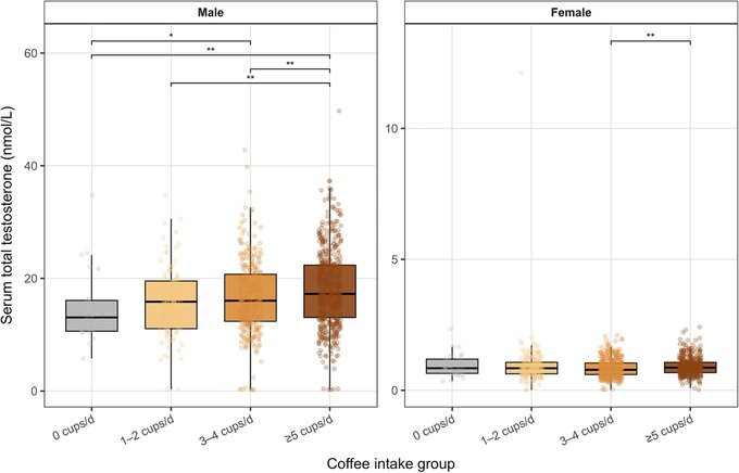 A scientific box plot chart titled with serum total testosterone (nmol/L) on the y-axis and coffee intake groups on the x-axis, divided into Male and Female panels. The male chart shows statistical significance markers (* and **) between groups ranging from 0 cups/d to ≥5 cups/d, with the female chart showing a single ** significance marker.