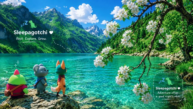A promotional image for 'Sleepagotchi' featuring three small cartoon animal characters (a turtle, koala, and fox) overlooking a turquoise alpine lake, with the tagline 'Rest. Explore. Grow.'