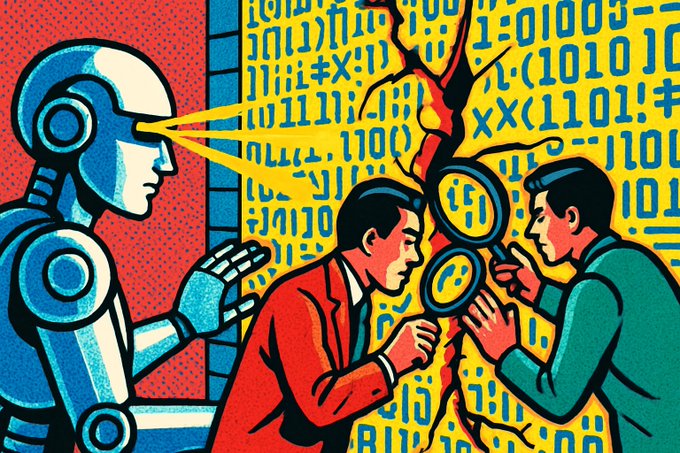 A stylized illustration shows a white robot with glowing yellow eyes scanning binary code and symbols on a cracked wall, while two men use magnifying glasses to inspect the wall, symbolizing AI detecting vulnerabilities faster than human auditors—matching the post's warning about AI-driven crypto hacks outpacing human security reviews.