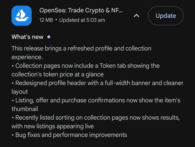 An Apple App Store update screen for 'OpenSea: Trade Crypto & NF...' detailing a refreshed profile and collection experience.